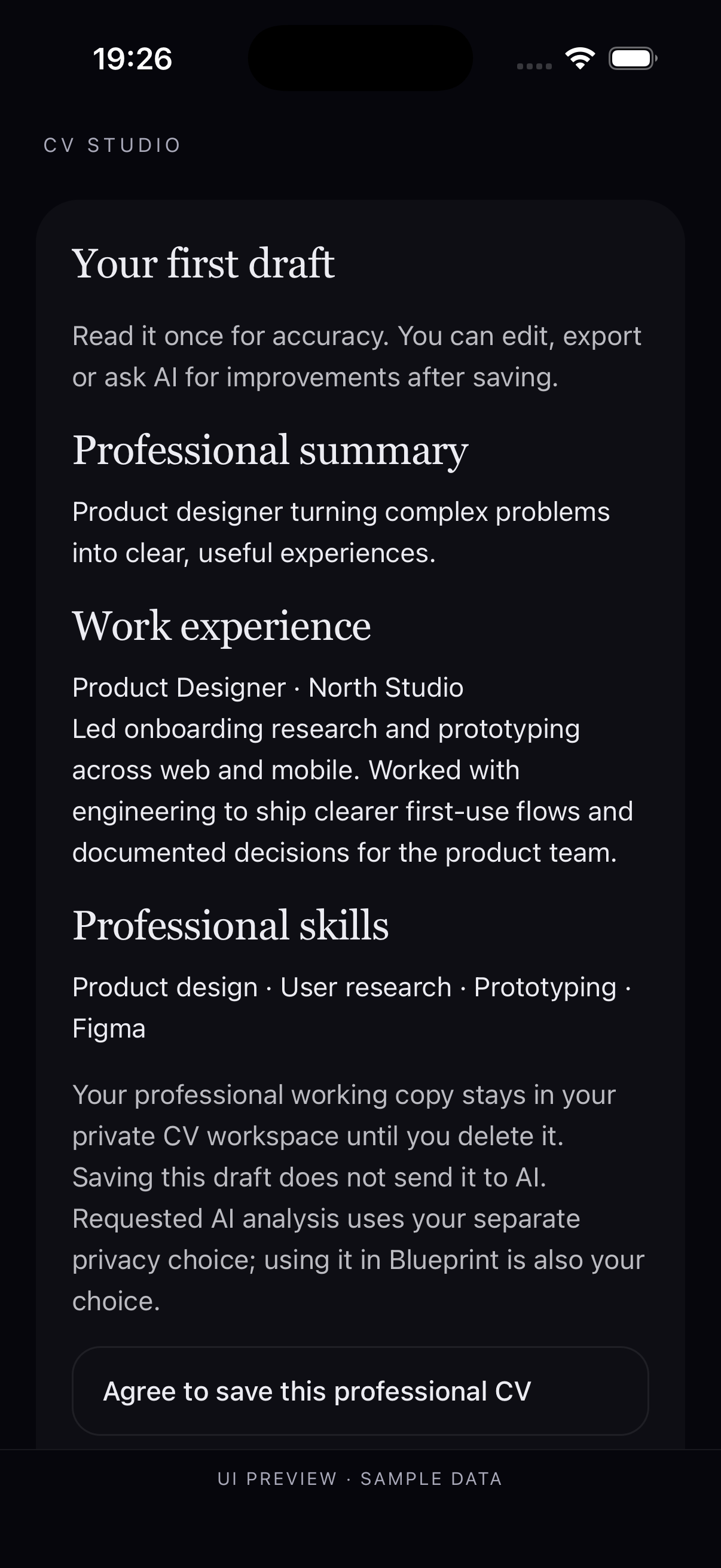 CV Studio in HoroJob: a professional CV draft with experience and skills, rendered by the actual app.