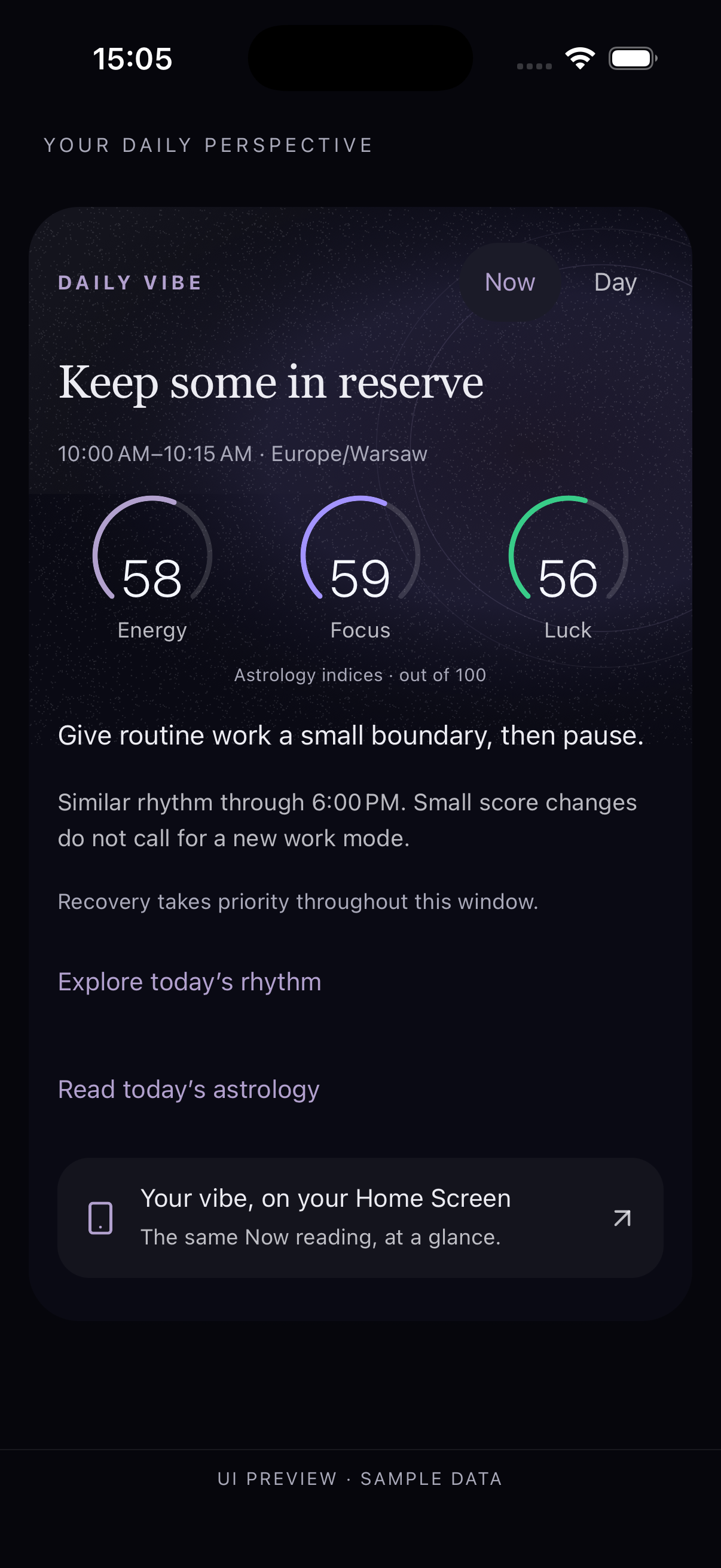 Actual Daily Vibe Now screen: current window, Energy, Focus, Luck and advice.