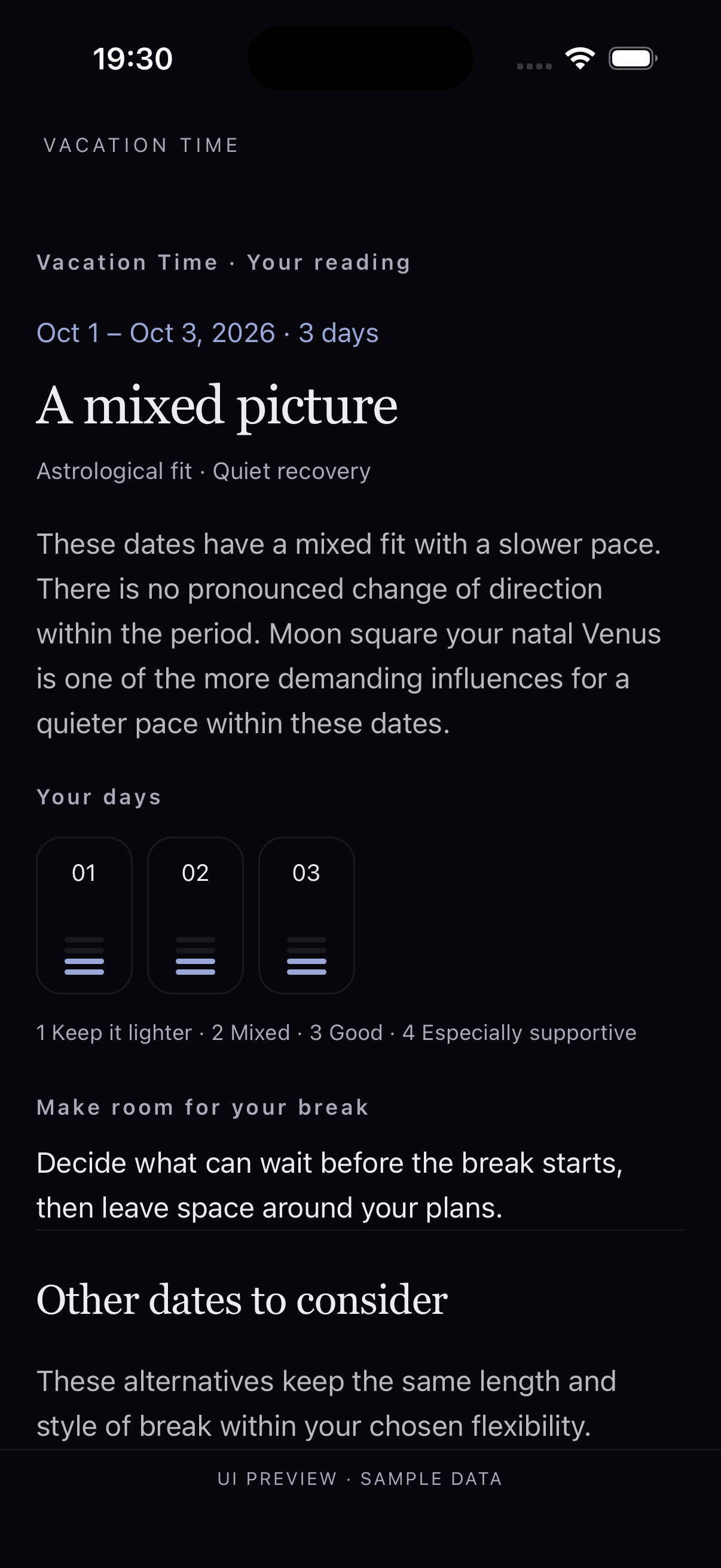 Vacation Time in HoroJob: an example reading with dates, rest style and daily rhythm.